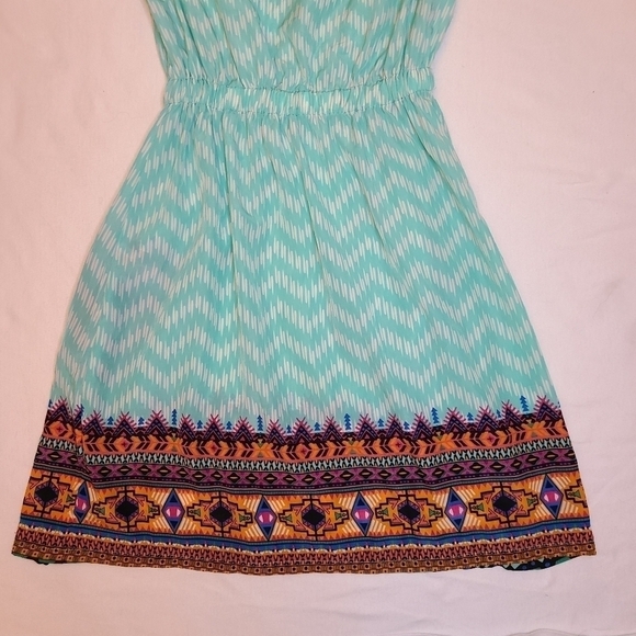 Feathers Aztec Print Sleeveless Mini Dress w/ Zipper Pockets, Blue White, Small - Picture 10 of 15